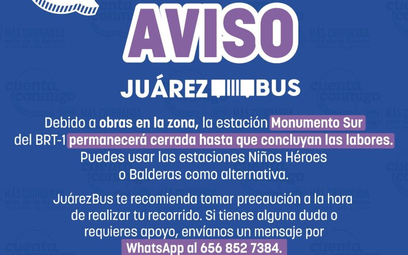 Cierran temporalmente estación Monumento Sur del JuárezBus por obras